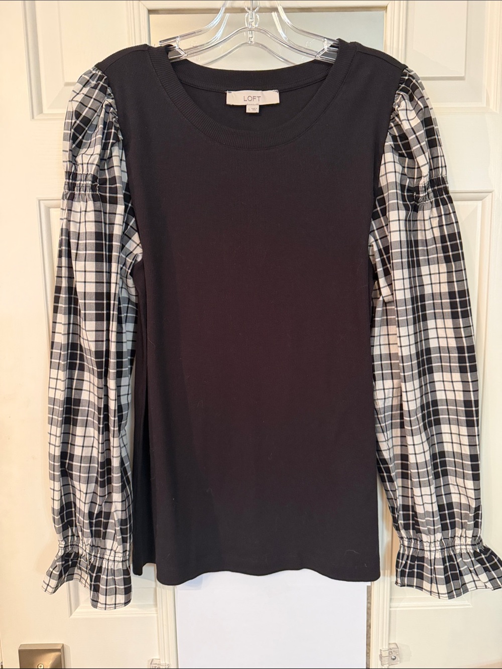 LOFT Black Knit Top with Black & White Plaid Puff Sleeves